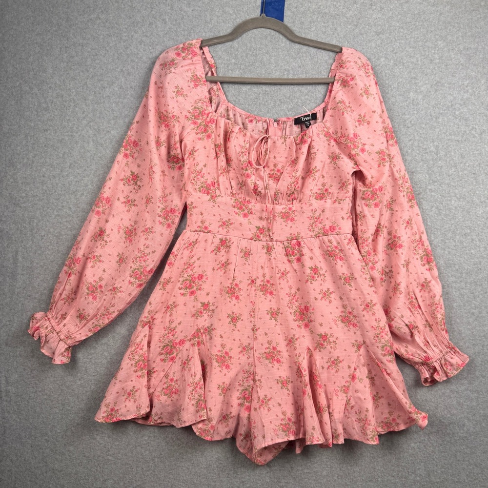 Trixxi Romper Womens Medium Pink Floral Ruffle Smocked Coquette Romantic Fairy